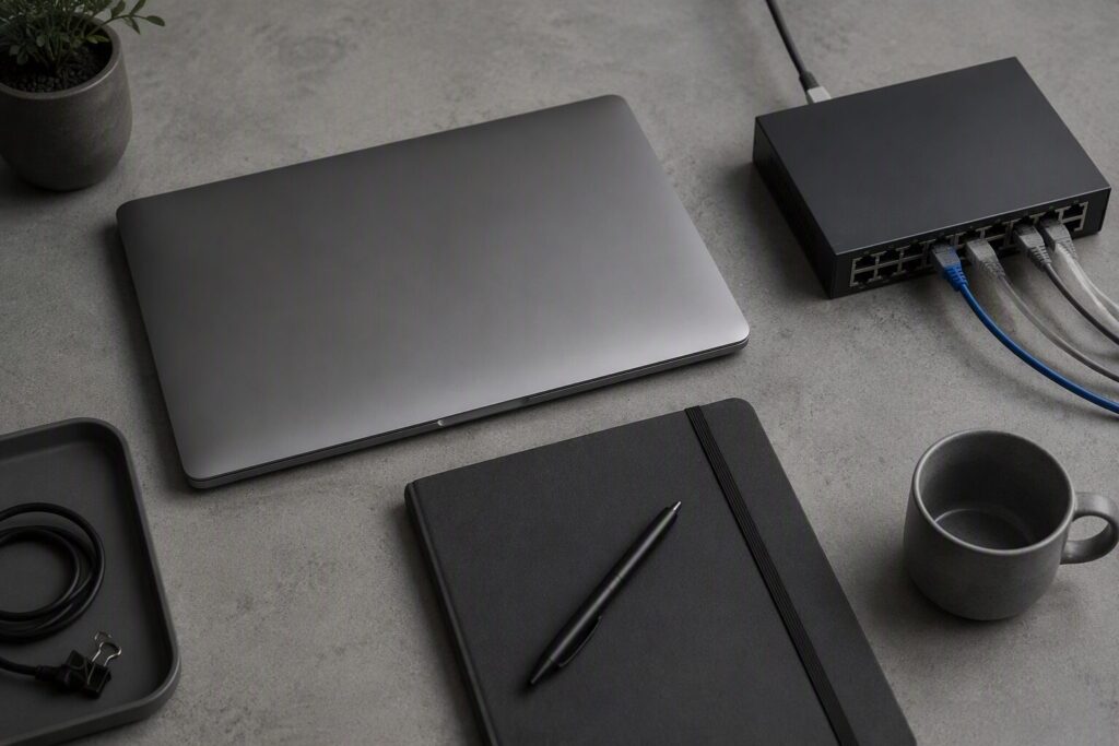 Overhead view of a workbench: a closed laptop, a notebook and pen, a mug, and a small network switch with one blue ethernet cable among grey ones